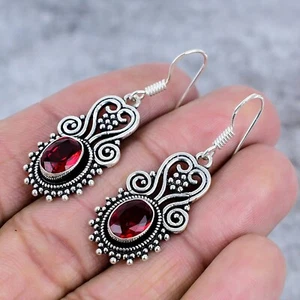 Garnet Gemstone 925 Sterling Silver Handmade Jewelry Earring Gift For Her 4.5" - Picture 1 of 6