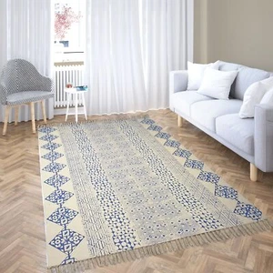 Alfombra de decoración del hogar de pila baja impresa en bloque de algodón tejido a mano de 4x6 pies para sala de estar - Imagen 1 de 25