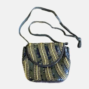 Vintage 1990s Black & Gold Sequins Beaded Evening Purse Clutch - Picture 1 of 7