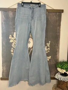 Free People Blue Raw Hem Hi Rise Stretch Super Flare Bell Bottom Jeans 30 As Is - Picture 1 of 16