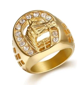 18K GOLD EP CZ ROUND CUT MENS LUCKY HORSE SHOE RING size 7 - 15 you choose - Picture 1 of 4