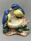 Ceramic Blue Jay Birds Yellow Chest Perched On Branch Mama & Baby 1990 TMD