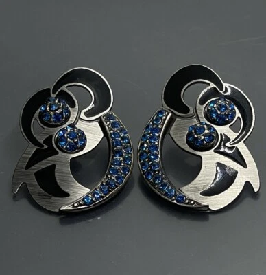 "Pendiente colgante vintage Edgar Berebi tono bronce esmalte negro azul estrás 1,75""" Foto 1 de 4