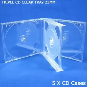 5 x 3 Way Clear Triple 23mm Spine Hold 3 Discs Empty Replacement CD Jewel Case - Afbeelding 1 van 12