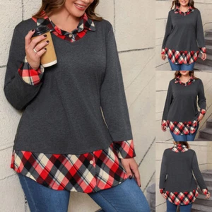 Women Casual Check V-Neck Long Sleeve Tunic Tops Casual T-Shirt Blouse Pullover - Picture 1 of 13