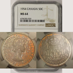 1954 Canada Silver Half Dollar 50C MS 64 NGC Toned