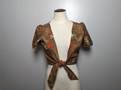 Crop Shrug Top Womens XS Tie Front Vintage 60s Novelty Print Antique Cars - Image 1 of 4