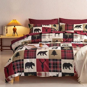 - Rustic Comforter Set, Cabin Christmas Lodge Western Country Bear Deer Moose Wo - Picture 1 of 6