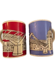 Emmeline Simpson Pair Blue & Red Fine Bone China Mugs Millennium Bridge Design - Picture 1 of 14