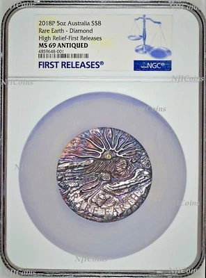Rare Earth 2018 5oz Silver High Relief Patina golden diamond $8 Coin NGC MS69 FR - Image 1 of 4