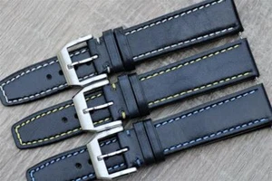 Handmade Watch Strap Bluish-Black Genuine Calf Leather Contrast Stitch 20mm 22mm - Picture 1 of 4