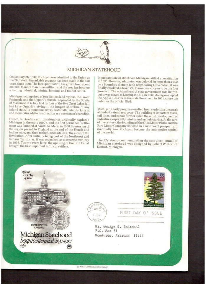 Postal Society First Day Cover FDC stamp # 2246 22 cent Michigan Statehood 1987 - Image 1 of 1