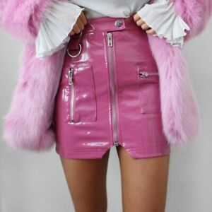 Fashion Women Sexy PVC Leather Zip Shiny Punk Black Pink Short Mini Pencil Skirt