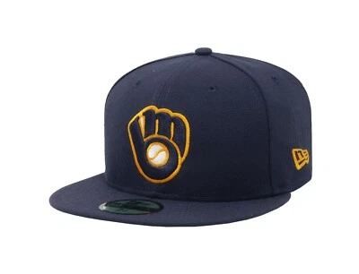 New Era 59Fifty Men Women Hat Milwaukee Brewers "Glove" Navy Blue Alternate Cap