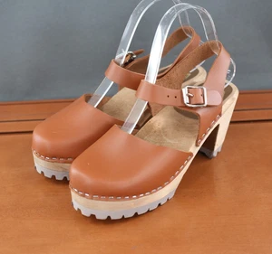 Mia Abba Damen 38 / 8 Schuhe braun Leder Slingback schwedischer Clog Absatz Sandalen - Bild 1 von 11