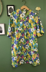 60er Jahre Mod Floral Hostess Morgenmantel Flower Power Nachthemd Knöpfe L/XL Schlagärmel - Bild 1 von 13