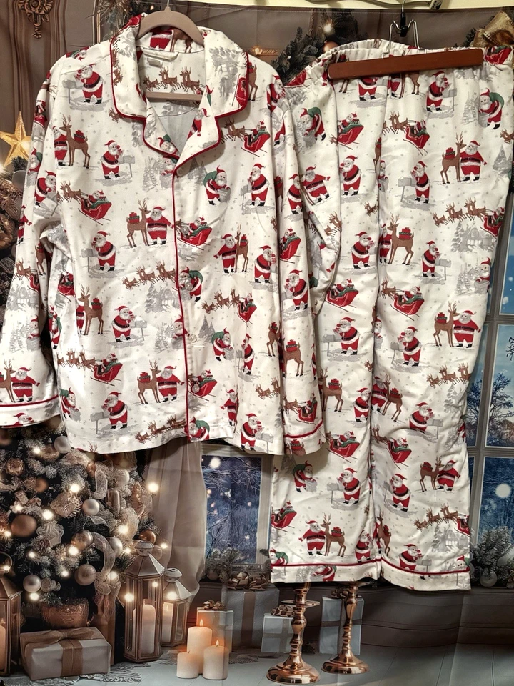 Juego de pijama de vacaciones Pottery Barn para niños adultos blanco Heritage Santa franela talla XL Foto 1 de 4