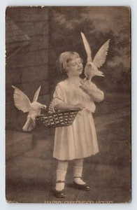 Young Girl With Doves, Happy Childhood Hours, Antique Postcard  p4 - Picture 1 of 2
