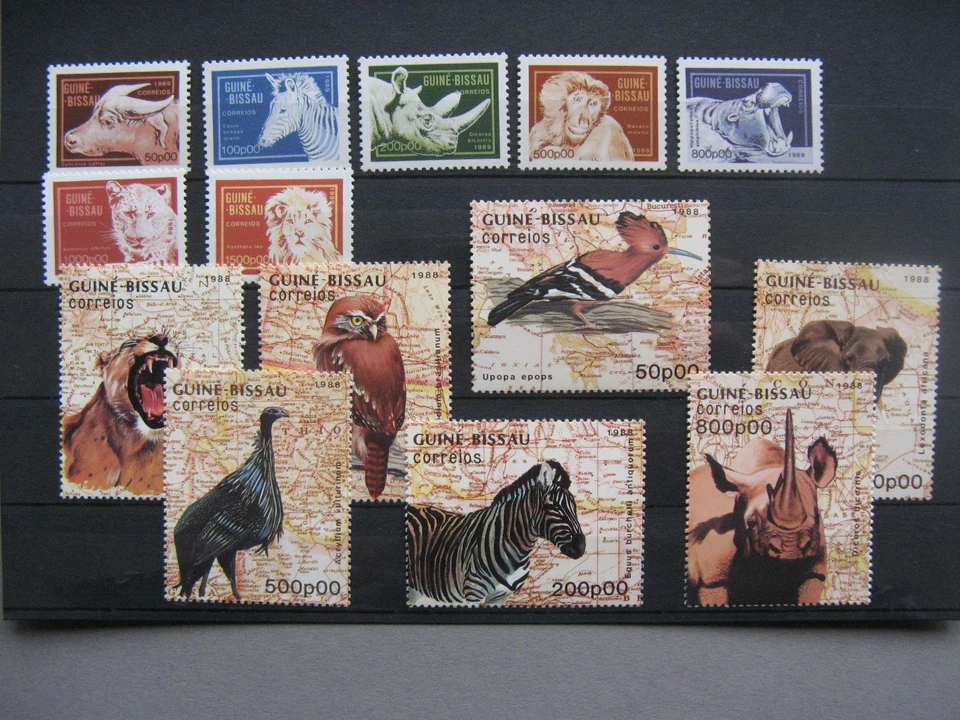 吉尼_比萨乌,1988 年套装 + 套装 1989 年一张邮票缺失全新邮票,犀牛猫头鹰斑马河马 — 第 1/1 张图片