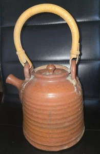 Antique Vintage Iron Red Pottery Porcelain Ceramic Teapot Bamboo Handle Signed  - Picture 1 of 21