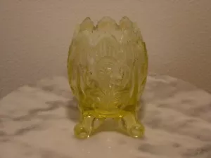 Northwood Vaseline Opalescent Inverted Fan and Feather Novelty footed Rose Bowl - Picture 1 of 2