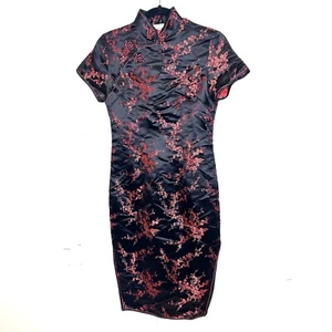 Double Peach Satin Kimono Sheath Midi Dress In Black & Red Size 4 US - Picture 1 of 3