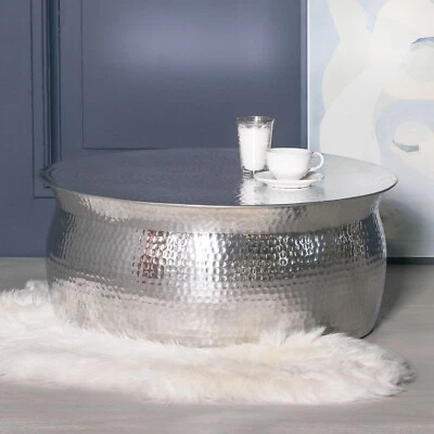 Modern Hammered Aluminium Round Drum Coffee Table Lamp Plant Silver Stand - Image 1 of 3