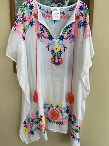 NWT America & Beyond Beach Bathingsuit Coverup Kaftan L/Xl white floral - Picture 1 of 8