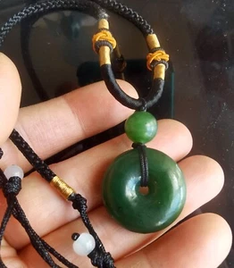 Donut good luck Canadian Nephrite natural green jade stone pendant,Rope necklace - Picture 1 of 5