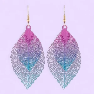 PURPLE & BLUE OMBRE LEAF SKELETON EARRINGS cutout veins skeletal leaves H5 - Picture 1 of 4