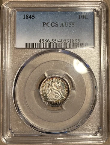 1845 PCGS AU55 Liberty Seated Dime 10c - Toned Cover
