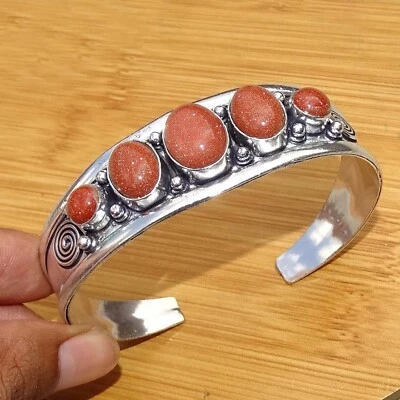 Red Sunstone Bangle Cuff Bracelet Handmade Jewelry 925 Silver Plated Jewelry - Image 1 of 2