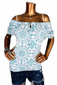Ann Taylor Loft M Top Damask Print Blouse Soft Short Sleeve Easywear Square Neck - Picture 1 of 8