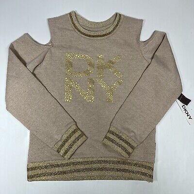 NWT DKNY Girls Beige Gold Metallic Logo Cold Shoulder Sweatshirt Top Sz XL 14-16 • 19.95€