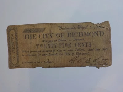 Civil War Confederate 1862 25 Cents Note The City Of Richmond Virginia Money VTG - Image 1 of 2