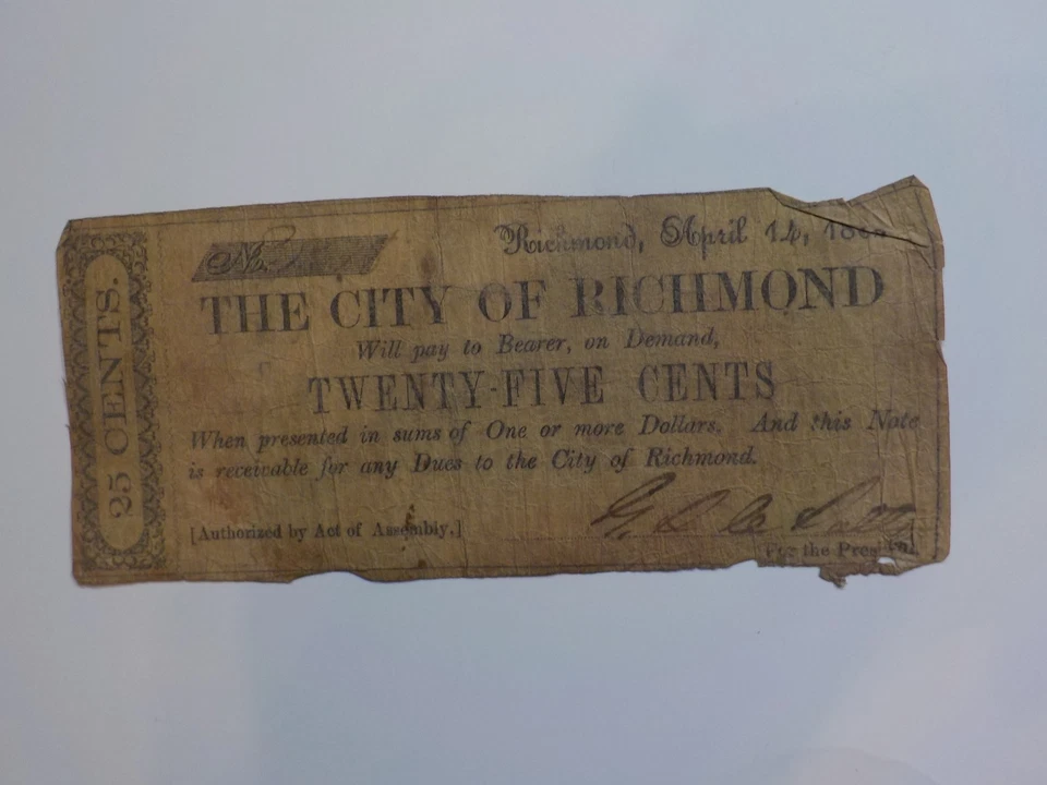 Civil War Confederate 1862 25 Cents Note The City Of Richmond Virginia Money VTG - Image 1 of 2