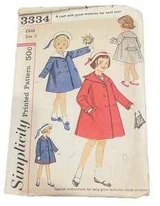 Vintage 1950’s-1960’s Child Coat Simplicity Pattern 3334 Size 5 Cut Compete - Picture 1 of 4