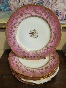 H&C Haviland Limoges France Set Of 6 Luncheon Plate Pink Raised Gold Flower 9.5" - Picture 1 of 12