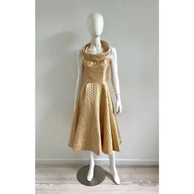 1950s Dress / 50s Gold Metallic Pin Up Dress / Small - Image 1 of 4