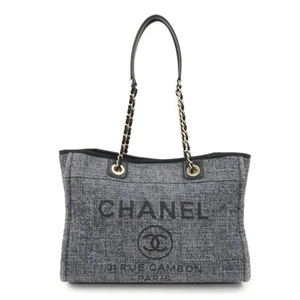 Authentic CHANEL Deauville Raffia Leather Chain Tote Bag MM Navy A66941 Used F/S - Picture 1 of 24