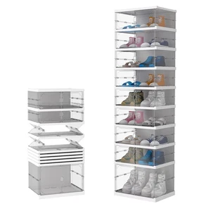 Shoe Storage Organizer Box 9-Tier Foldable Collapsible Stackable Shoe Rack Bins - Picture 1 of 29