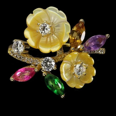 Anillo de plata de ley 925 marquesa topacio verde citrino piedras preciosas esmalte flor 9,5 Foto 1 de 4
