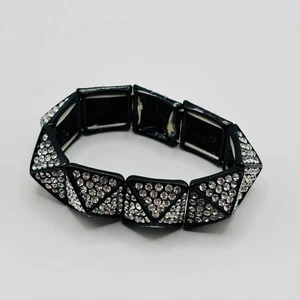 Vintage Black Stretch Bracelet Rhinestone Geometric Statement Costume Jewelry - Picture 1 of 4