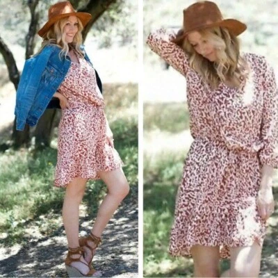 Cabi Women's Beige Red Puff Sleeve Button Front Sienna Tie Waist Tunic Dress S - Image 1 of 4