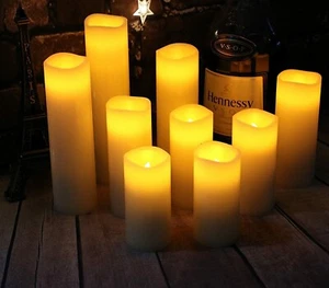 Set of 9 Flickering Pillar LED Flameless Candles Battery Operated With Remote - Picture 1 of 9