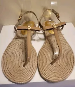 MK Michael Kors Tan Patent Leather & Jute Sole T-Strap Sandals sz. 9.5 MSRP $129 - Picture 1 of 7