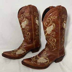 Damen Pecos Bill braunes Herz mit Engelsflügeln Leder Westernstiefel Größe: 8,5 - Bild 1 von 10