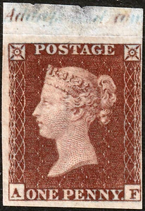 1854 C1 SG17/18 1d PLACA ROJA MARRÓN 186 INSCRIPCIÓN MARGINAL IMPRIMATUR (AF) - Imagen 1 de 2