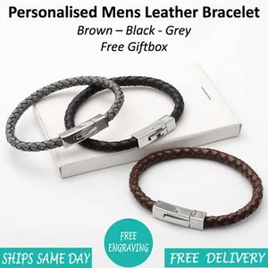 Barca Black Grey Leather & Stainless Steel Mens Personalised Engraved Bracelet - Picture 1 of 9