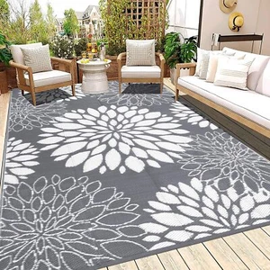 Reversible Outdoor Rug 6x9Ft Waterproof Patio Rug Carpet 6x9 FT Grey-flower - Picture 1 of 9